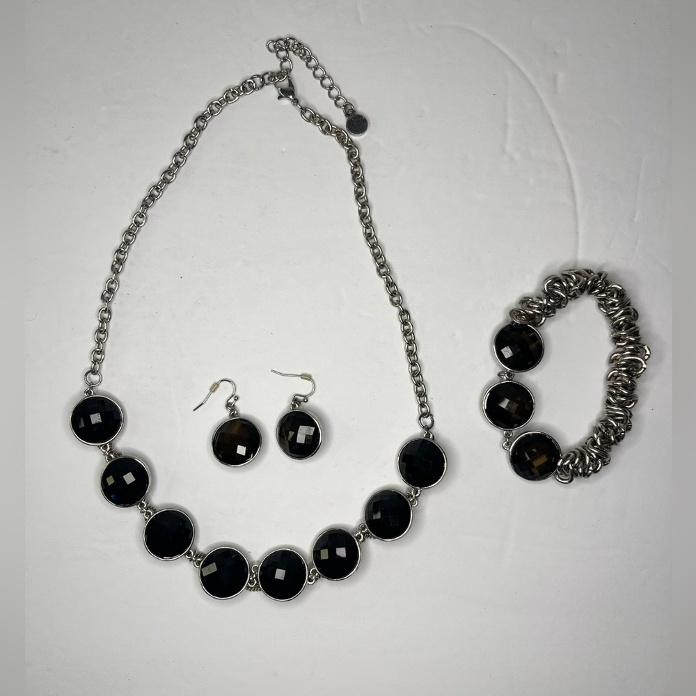 Black Glass Iridescent Gem Cable Rope Link Chain Necklace Earrings Bracelet.